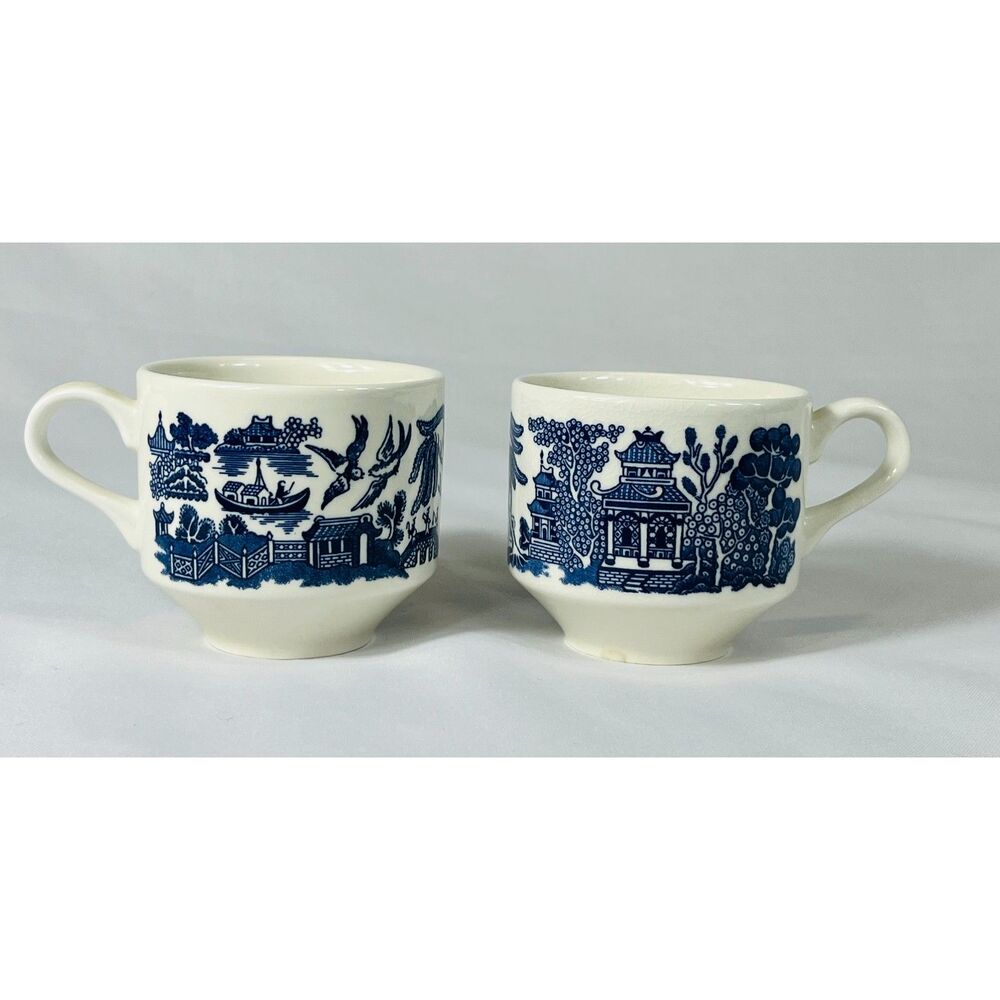 Vintage Churchill England Blue Willow China Coffee Teacup Stackable Pair